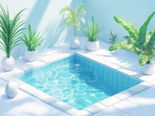 3D isometric cool swimming pool in pastel tones