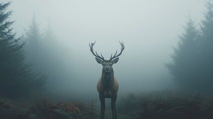 Majestic Red Deer Stag in Foggy Forest