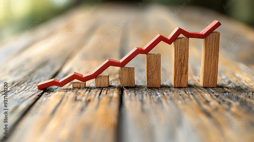 Aufkleber red arrow growth chart on wooden blocks, representing progress and success in a tangible form.