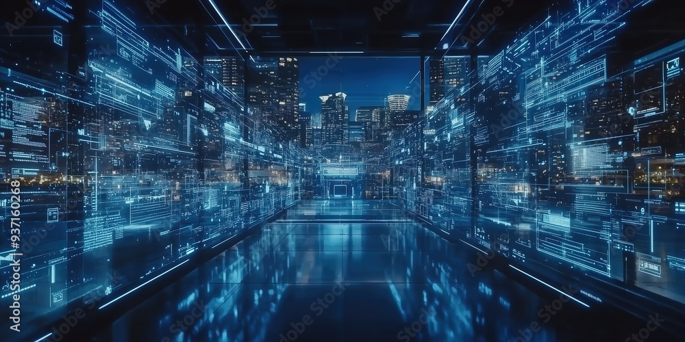 Poster futuristic cityscape with holographic data streams illuminating a reflective surface, merging digita