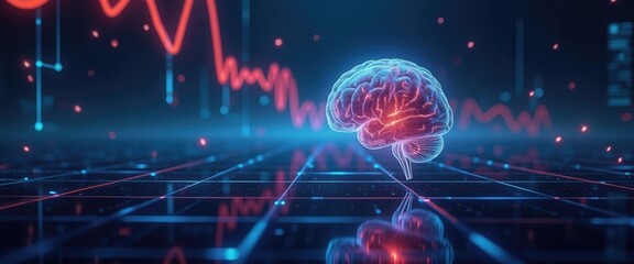 A futuristic depiction of a brain with digital graphs, representing AI, data analysis, and brain-computer interfaces in technology and healthcare.