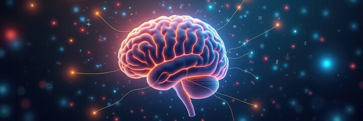 Fototapeta premium Futuristic illustration of a human brain with glowing neural connections, symbolizing innovation, technology, and the power of thought in a digital age.