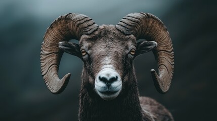 Close Up Portrait of a Bighorn Sheep with Large Horns
