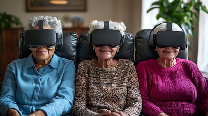 Senior Women Enjoying Virtual Reality Experience Together: Senior women exploring virtual reality, embracing new technology and shared experiences.