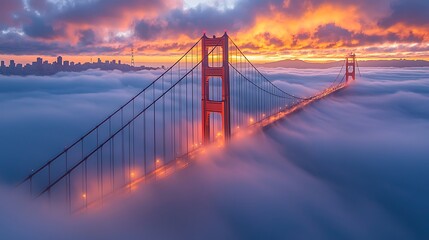 Obraz premium Golden Gate Bridge in Fog at Sunset: The Golden Gate Bridge enveloped in fog during sunset, offering a serene and dramatic landscape.