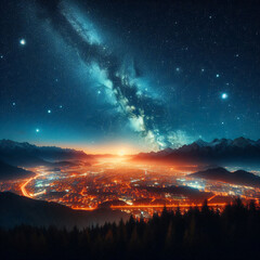 Fototapeta premium Stunning Night Sky Full of Stars Over a Lit-up City