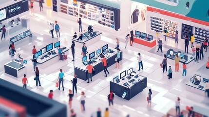 A bustling electronic store with numerous shoppers browsing various gadgets and devices on display.