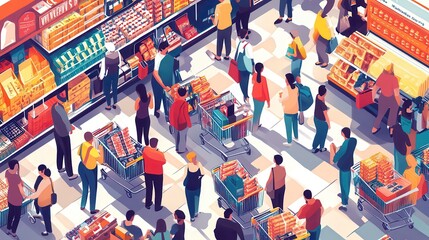 A bustling grocery store with people shopping, pushing carts, and browsing shelves filled with various products and fresh produce.