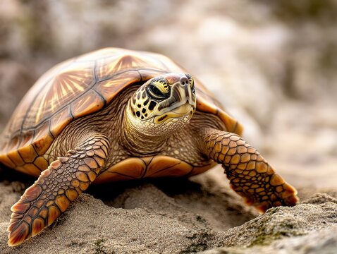 A close-up of a beautiful turtle resting on sandy ground, showcasing its intricate shell patterns and vibrant colors.