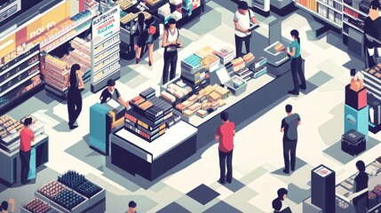 A busy supermarket with numerous customers and well-stocked shelves, creating a lively shopping atmosphere.