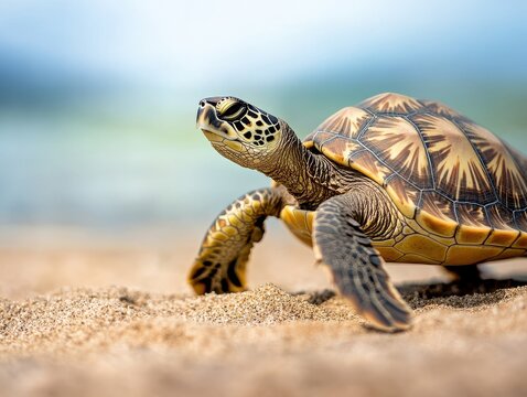 A close-up of a turtle exploring the sandy beach, showcasing its unique shell patterns and natural grace against a tranquil backdrop.