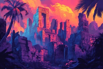 Ancient Ruins in a Vibrant Sunset with Palm Trees
