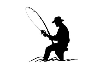 Fishing vector silhouette. Spinning fisherman illustration. Collection of fishing man on the waves and of the boat. Emblem for fishing clubs.