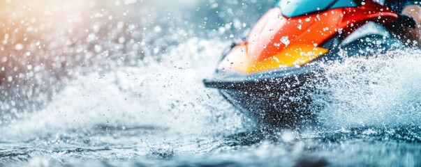 Fototapeta premium A dynamic jet ski racing through splashing water, capturing the thrill and excitement of water sports and outdoor adventure.