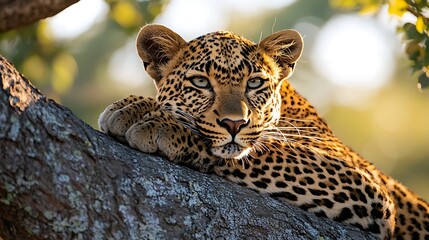Naklejka premium Leopard resting on a tree branch in sunlight, blending the warmth of the sun with the serene beauty of this wild creature.