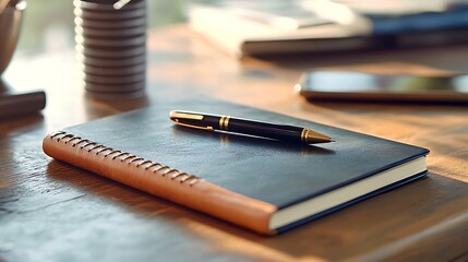 Leather-bound notebook with a pen on a wooden desk, evoking the timeless appeal of handwritten notes and the beauty of traditional materials.