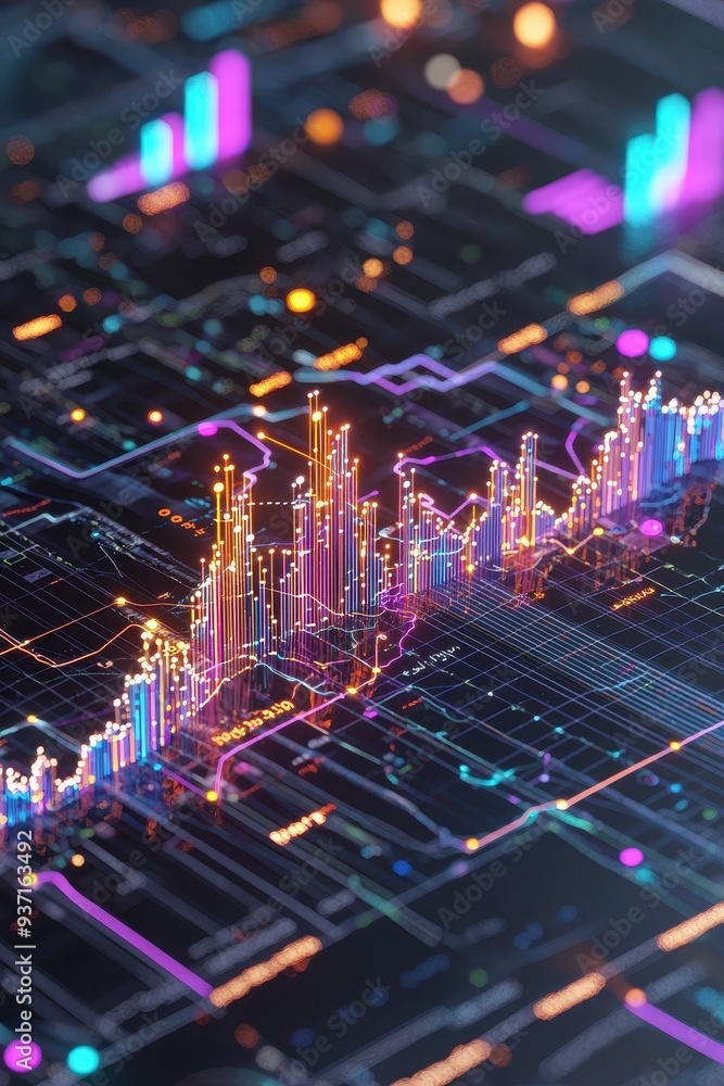Poster abstract neon cityscape with digital data lines and d rendered graphics