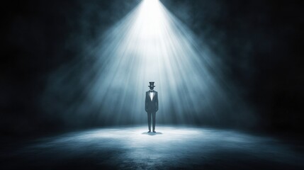 A mysterious figure in a suit stands alone in a dramatic spotlight, surrounded by fog, evoking intrigue and suspense.