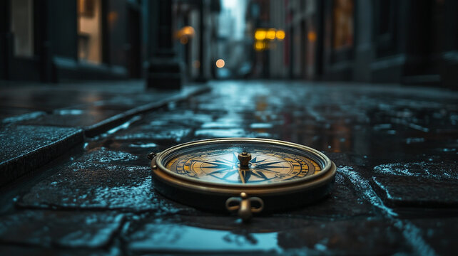 A forgotten compass rests on a cobblestone street, glistening with rain under glowing lamplights at dusk in a quaint town