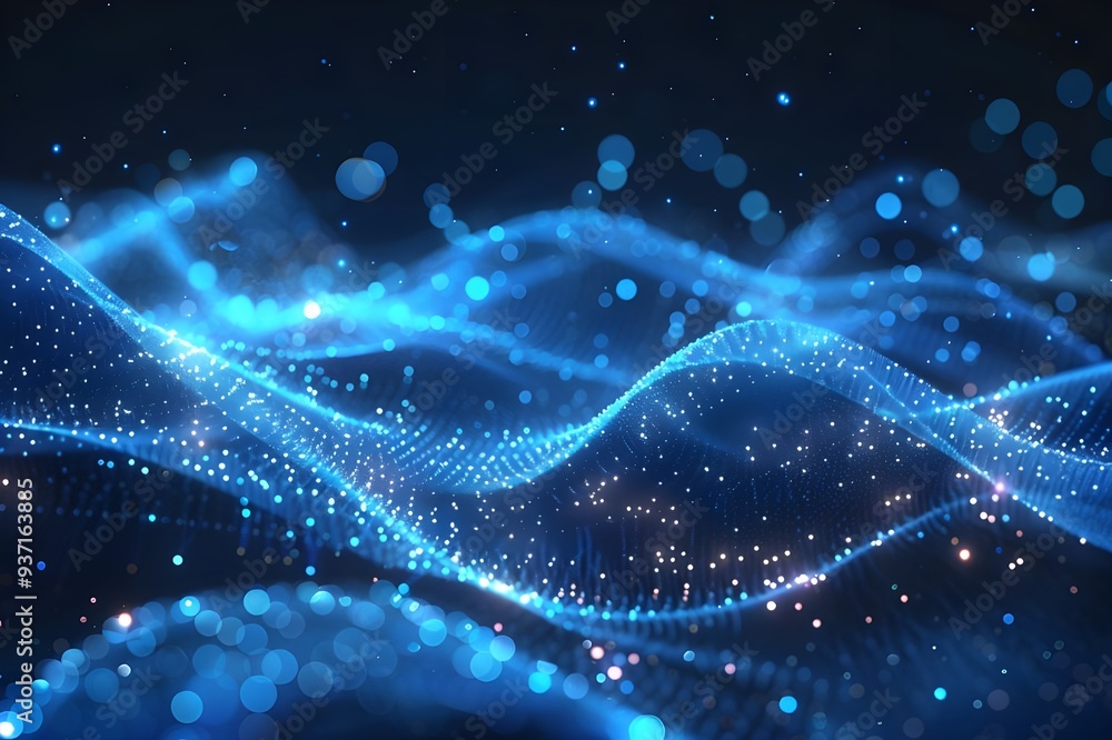Poster digital particle collision illustration blue magic, energy light background. generated ai
