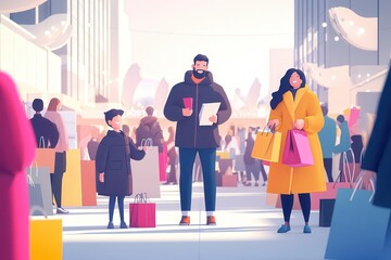 Families and individuals enjoy a bustling outdoor shopping street, carrying colorful bags and exploring vibrant stores.
