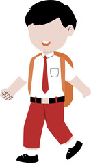 Indonesian elementary school students happily walk on foot carrying school bags