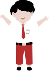 Happy Indonesian elementary school student raises both hands Cartoon