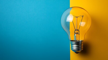 Light bulb on a blue and yellow background, symbolizing innovation, creativity, and the spark of new ideas in a vibrant, modern design.