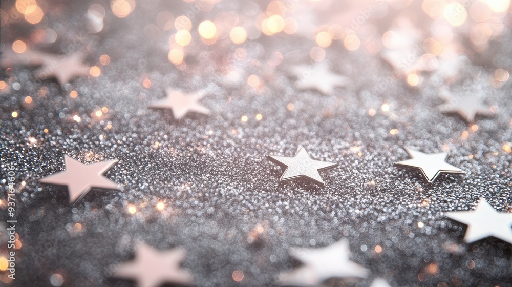 Poster a close-up of shimmering stars on a sparkling surface, creating a festive atmosphere.