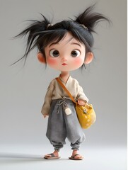 Cute Cartoon Girl in Traditional Asian Clothes with Yellow Bag