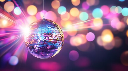 A vibrant disco ball reflecting colorful lights, creating an energetic atmosphere perfect for parties and celebrations.