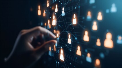 Exploring the Digital Realm: A Hand Interacting with Networked Imagery Displaying Connections Among Diverse User Profiles in a Virtual Environment of Interaction.