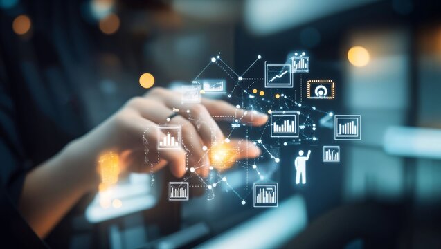A Person's Hand Interacting with Interactive Data Visualizations, Representing Modern Technology and the Fusion of Human Input with Digital Analytics in a Sleek Environment.