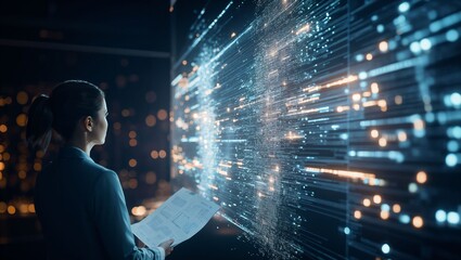 A professional woman contemplates projected data, embodying the fusion of technology and intellect in a modern workspace filled with shimmering lights and information flow.