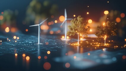 A Harmonious Blend of Nature and Technology: A Vision of Wind Turbines and Lush Trees Illuminated by Soft Lights in a Dynamic Urban Landscape of Tomorrow's Sustainability