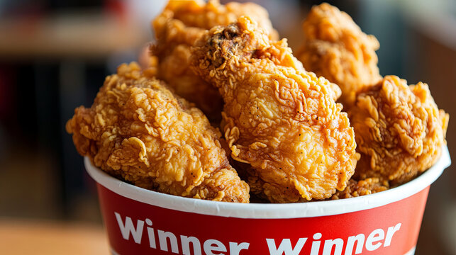 Winner Winner Chicken Dinner sign on a bucket of fried chicken, funny meme