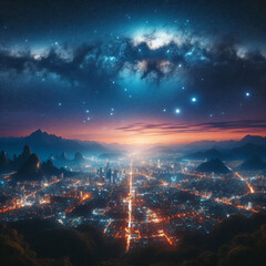 Stunning Night Sky Full of Stars Over a Lit-up City