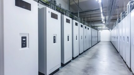 Advanced battery storage unit in a renewable energy plant, clean and organized, bright indoor lighting