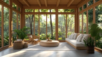 Fototapeta premium Sunlit, modern living room with large windows overlooking a lush green forest, a white couch, a wicker armchair, and a wooden coffee table.