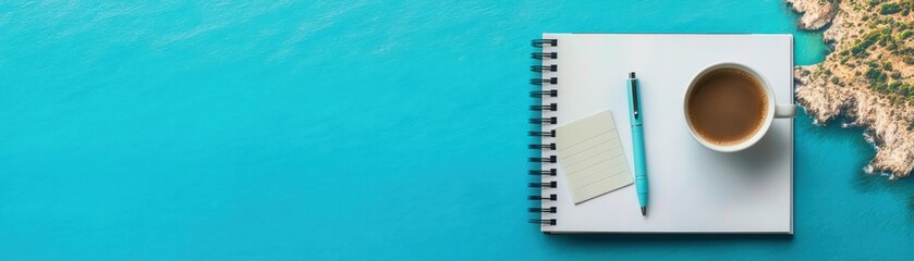 An overhead view of a notepad, pen, and coffee cup on a vibrant blue surface, perfect for creative or business planning.