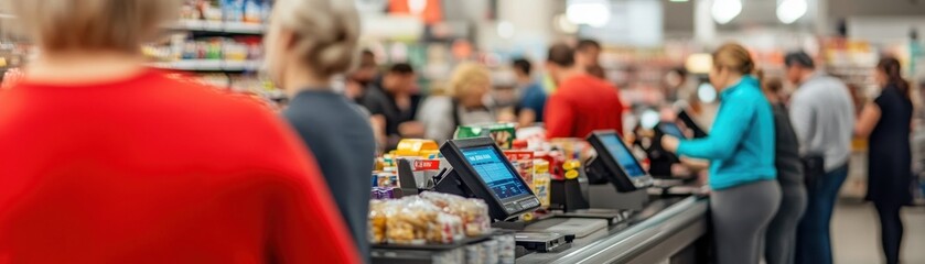 Busy grocery store checkout with customers shopping and waiting in line, showcasing a vibrant retail environment.