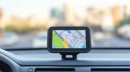 Close-up of a car navigation system displaying a detailed map on the dashboard during a drive in a modern city.