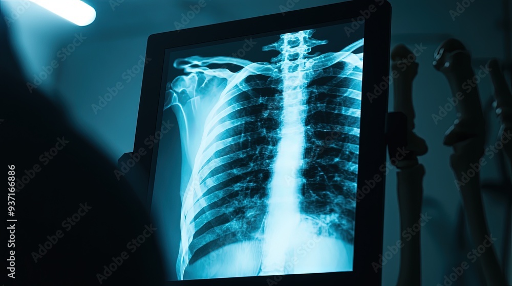 Poster ai-powered imaging tool analyzing x-rays, high-resolution screen, dark background with blue light