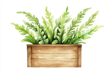 Lush green ferns in wooden planter create serene and refreshing atmosphere. vibrant foliage evokes sense of tranquility and connection to nature.