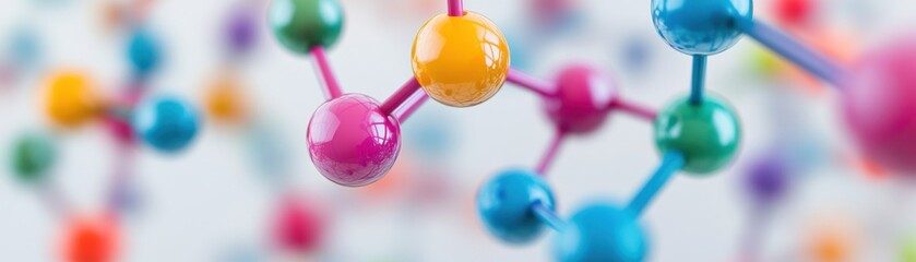 Colorful molecular structure showcasing various atoms connected by bonds, ideal for science and education themes.