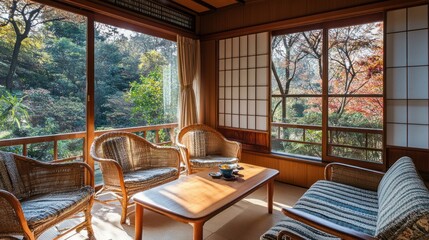 Fototapeta premium Traditional Japanese room with a view of a lush garden.