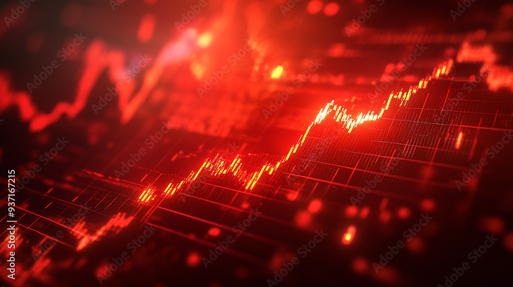Poster dynamic red trading graph showcasing fluctuating financial trends and market volatility in a digital