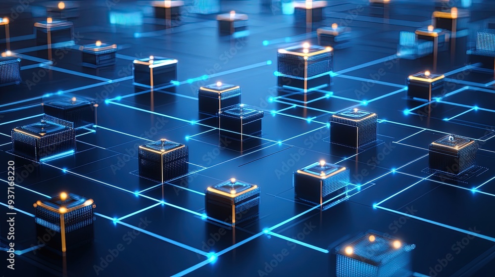 Poster blockchain network visualized as interconnected nodes, digital textures, dark background with blue g