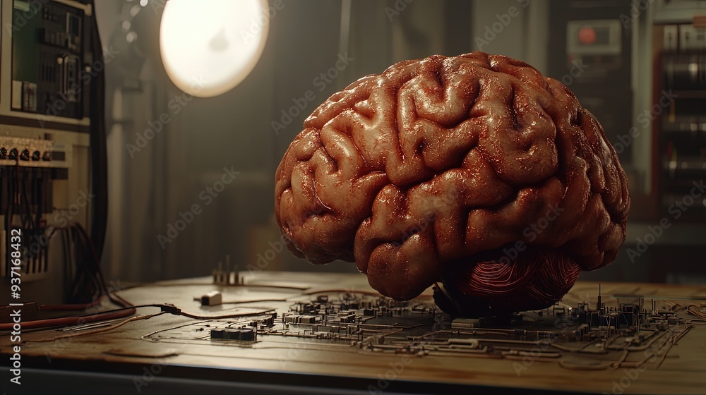 Aufkleber brain-machine interface visualizing thoughts, complex circuitry, dark room with focused light