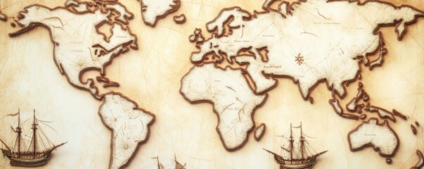 Fototapeta premium Vintage world map illustration featuring ships, intricate details, and a rustic appearance perfect for travel themes.
